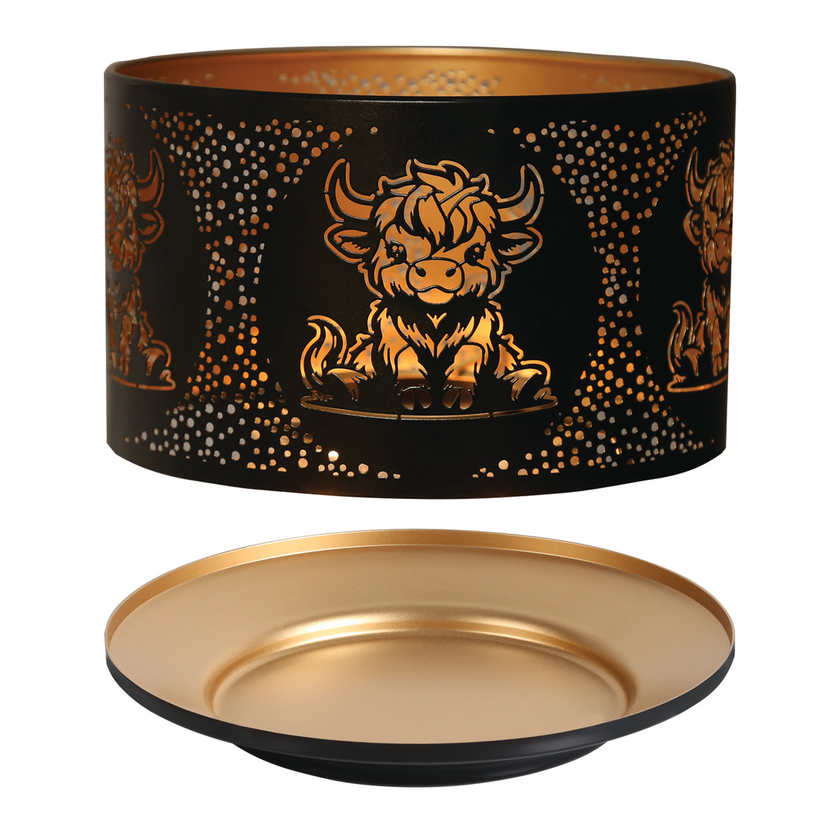 Highland Cow large jar candle Black & gold shade & plate set