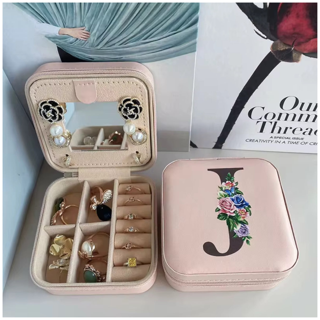 Krystina's Collection Pink Travel Jewellery Box with Floral Initial - Various Letters