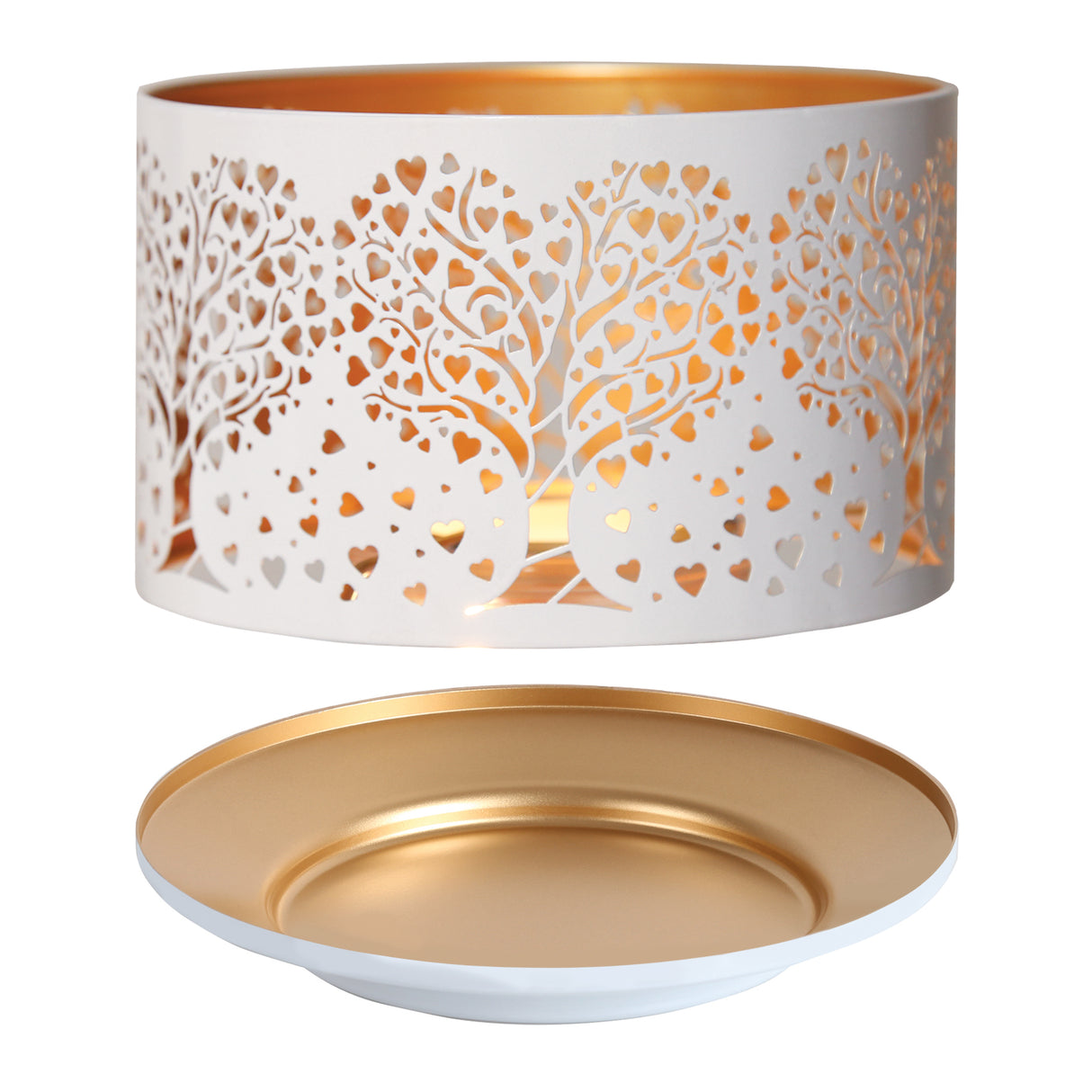 Aroma Jar Candle Metal Silhouette Shade & Tray Set - White & Gold Heart Tree