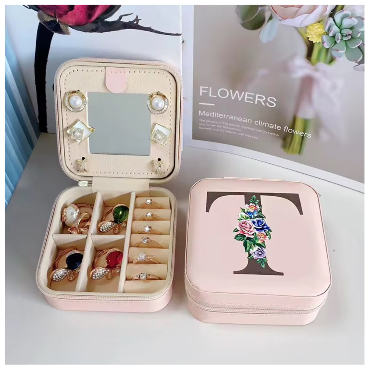 Krystina's Collection Pink Travel Jewellery Box with Floral Initial - Various Letters