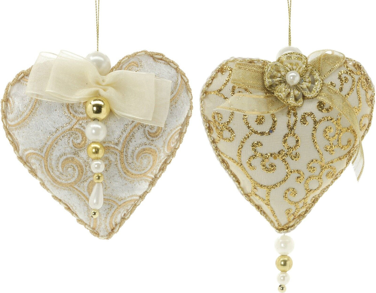 Christmas Tree Hanging Decorations - Gold Fabric Beaded Decs Pack of 2 beaded heart
