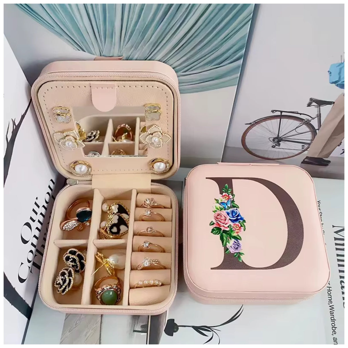Krystina's Collection Pink Travel Jewellery Box with Floral Initial - Various Letters