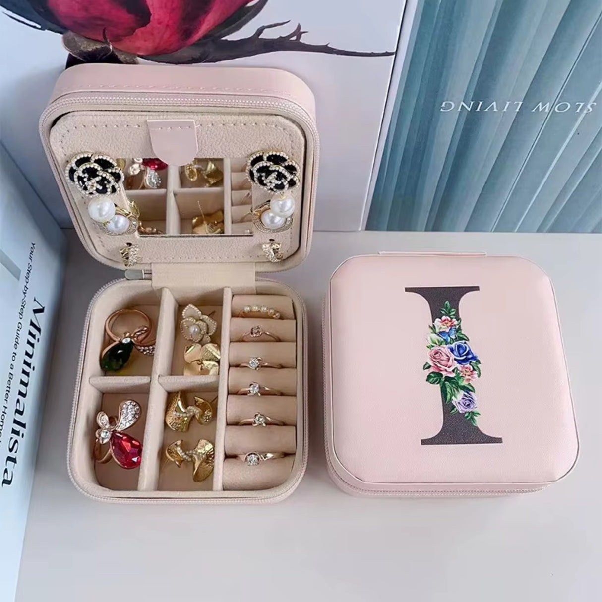 Krystina's Collection Pink Travel Jewellery Box with Floral Initial - Various Letters