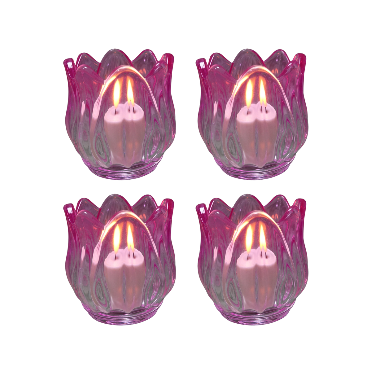 Glass Tulip Flower Candle Holders - Dark Pink Set of 4