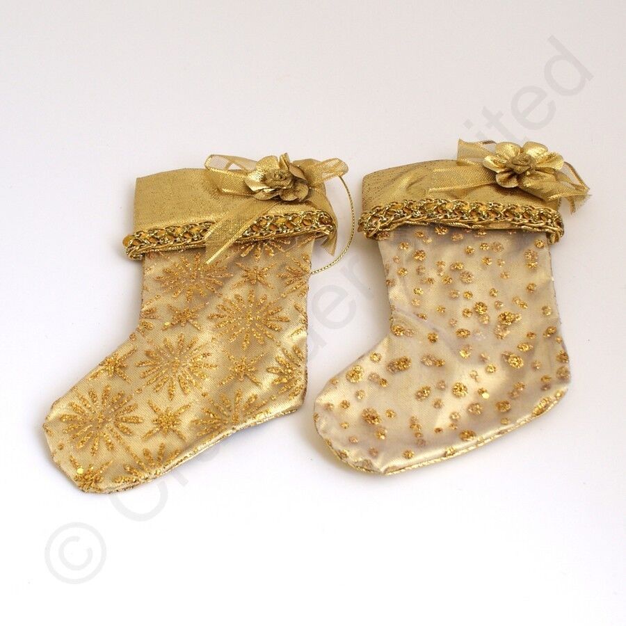 Christmas Tree Hanging Decorations - Gold Fabric Beaded Decs Pack of 2 fabric stocking