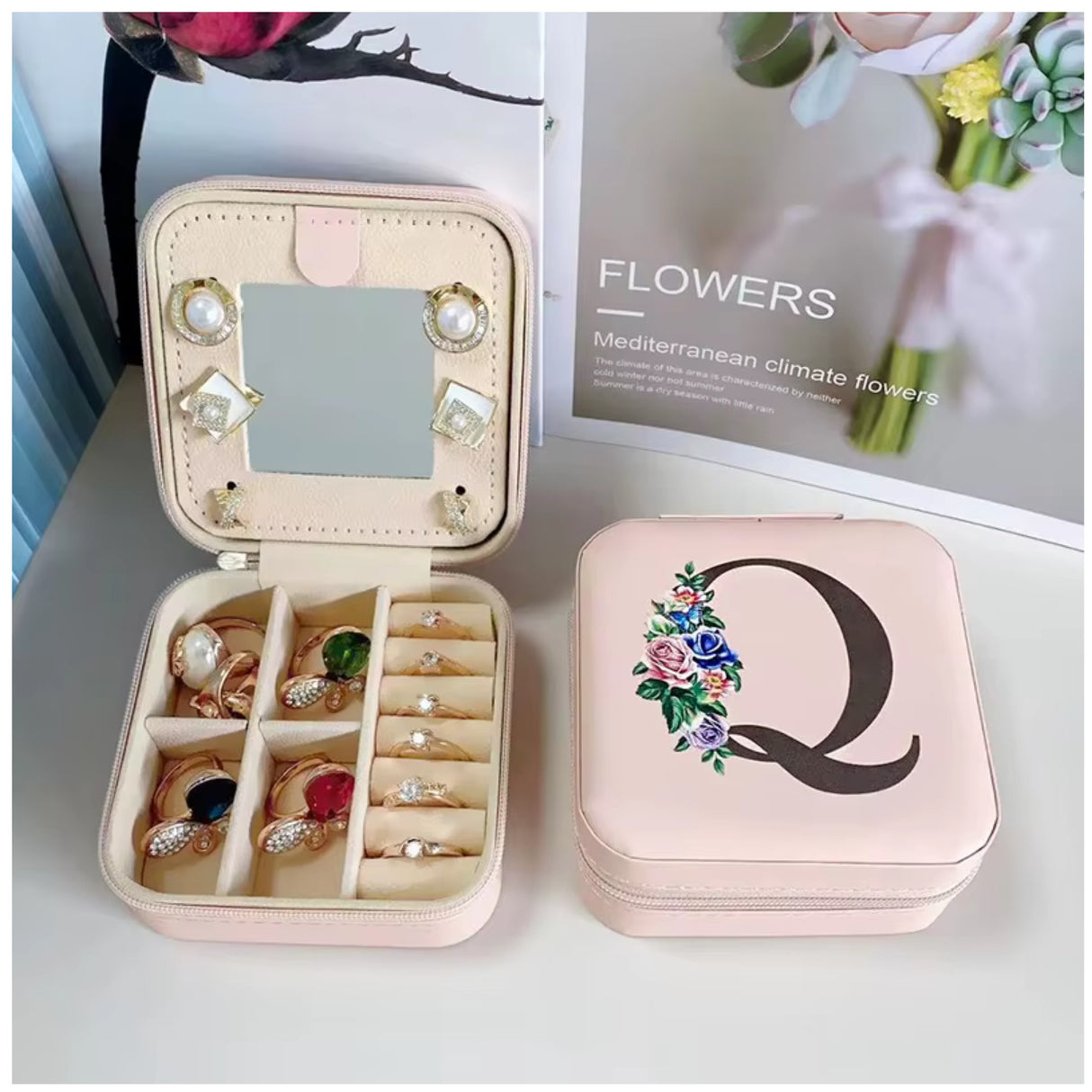 Krystina's Collection Pink Travel Jewellery Box with Floral Initial - Various Letters