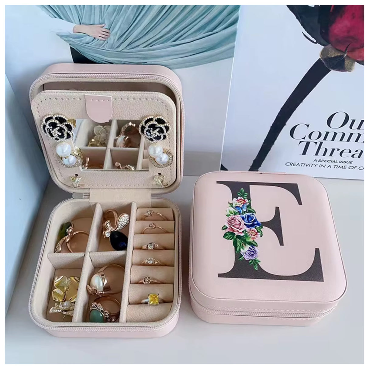 Krystina's Collection Pink Travel Jewellery Box with Floral Initial - Various Letters