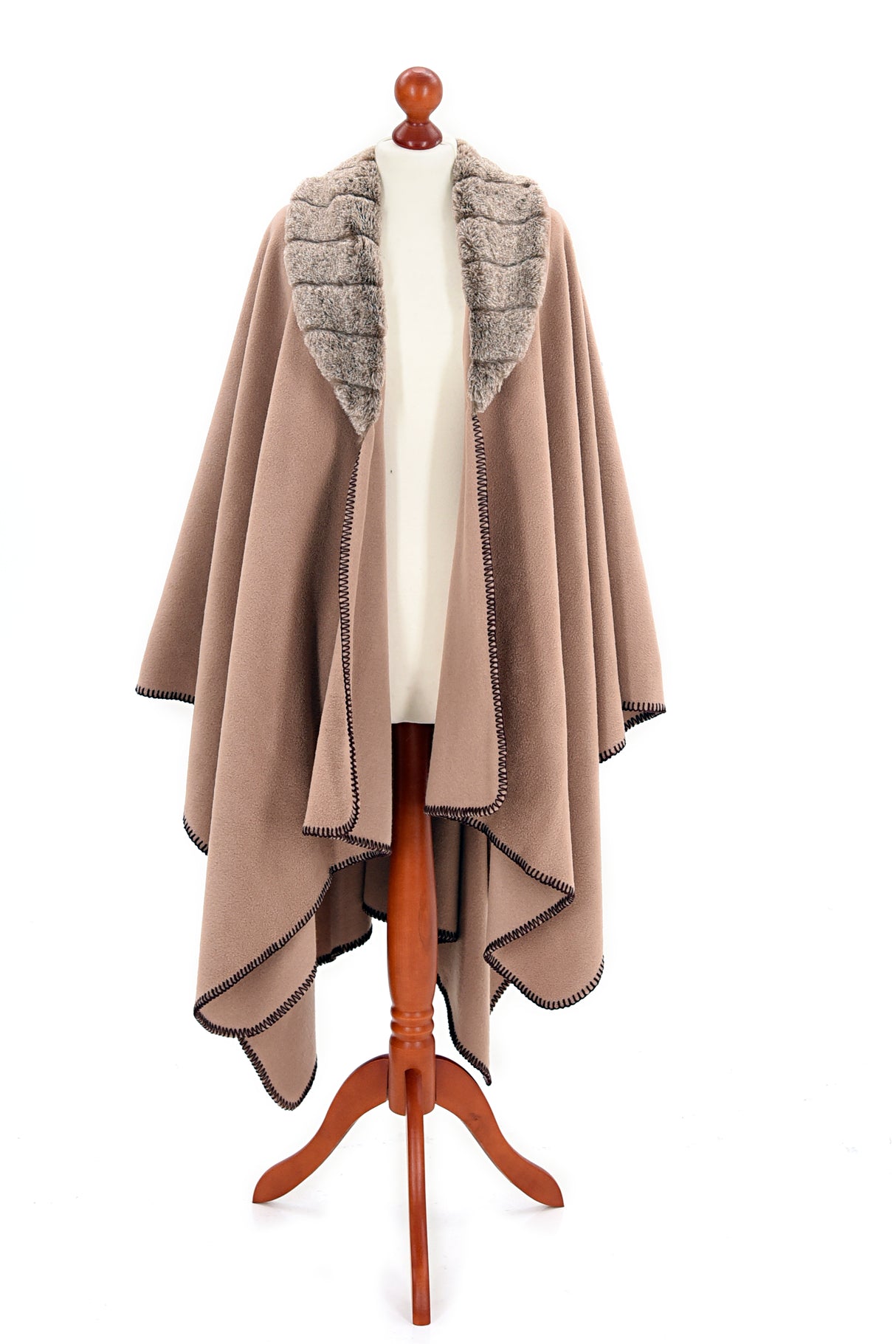 Tweedmill Fleece Ruana with Faux Collar - Camel/Mink