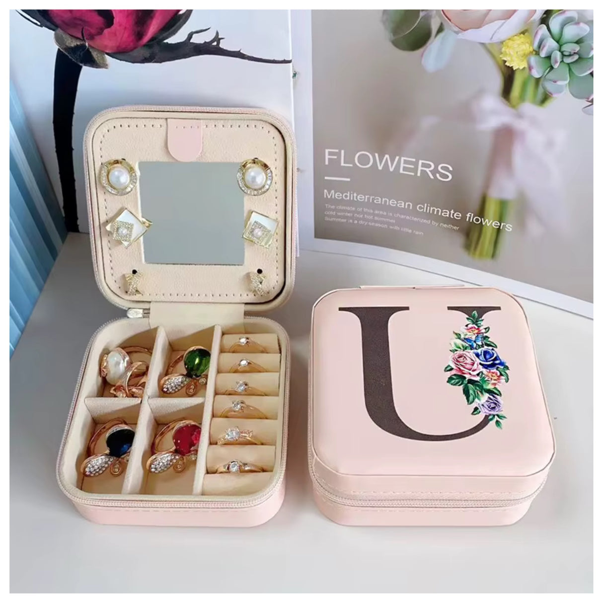 Krystina's Collection Pink Travel Jewellery Box with Floral Initial - Various Letters