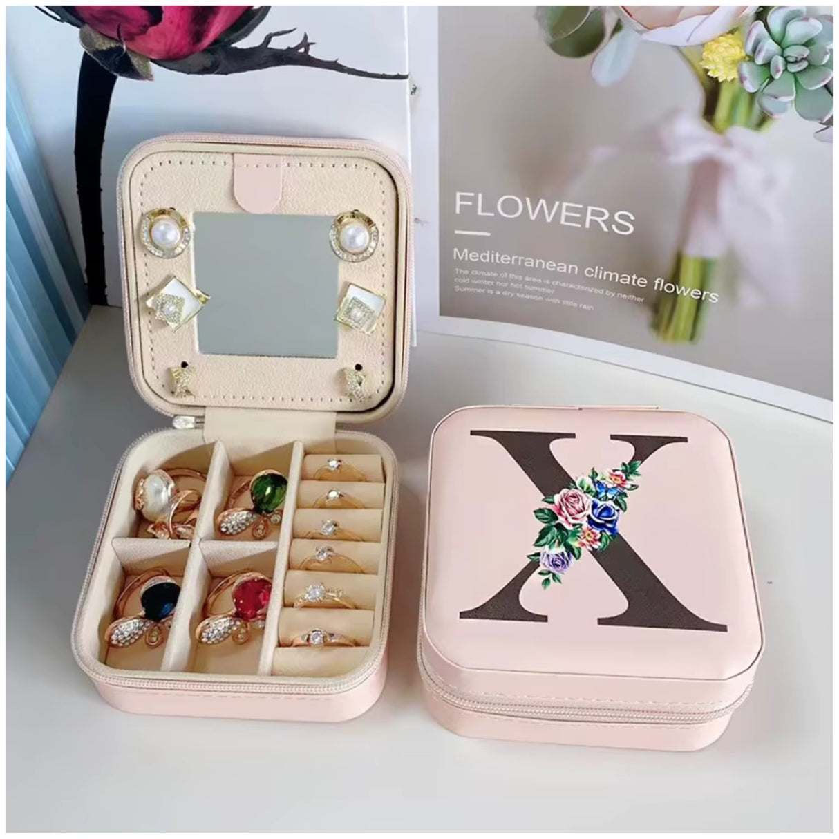Krystina's Collection Pink Travel Jewellery Box with Floral Initial - Various Letters