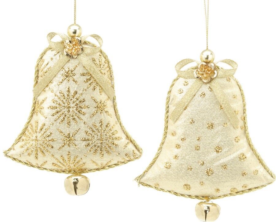 Christmas Tree Hanging Decorations - Gold Fabric Beaded Decs Pack of 2 fabric bell