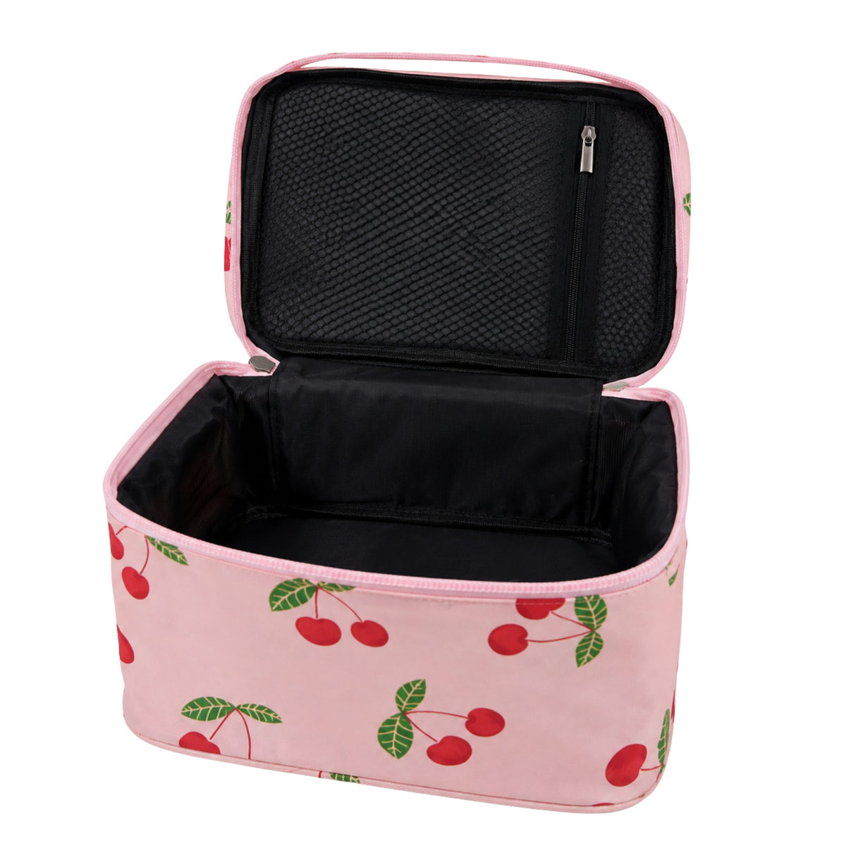 Cherry Print Vanity Travel Case Makeup Bag - Pink - Open