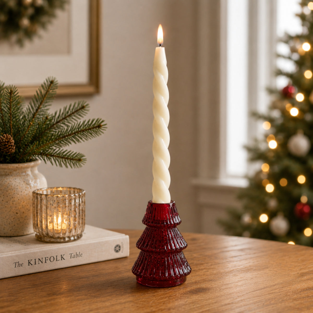 Small Christmas Tree Candle Holders - Holly Berry Red
