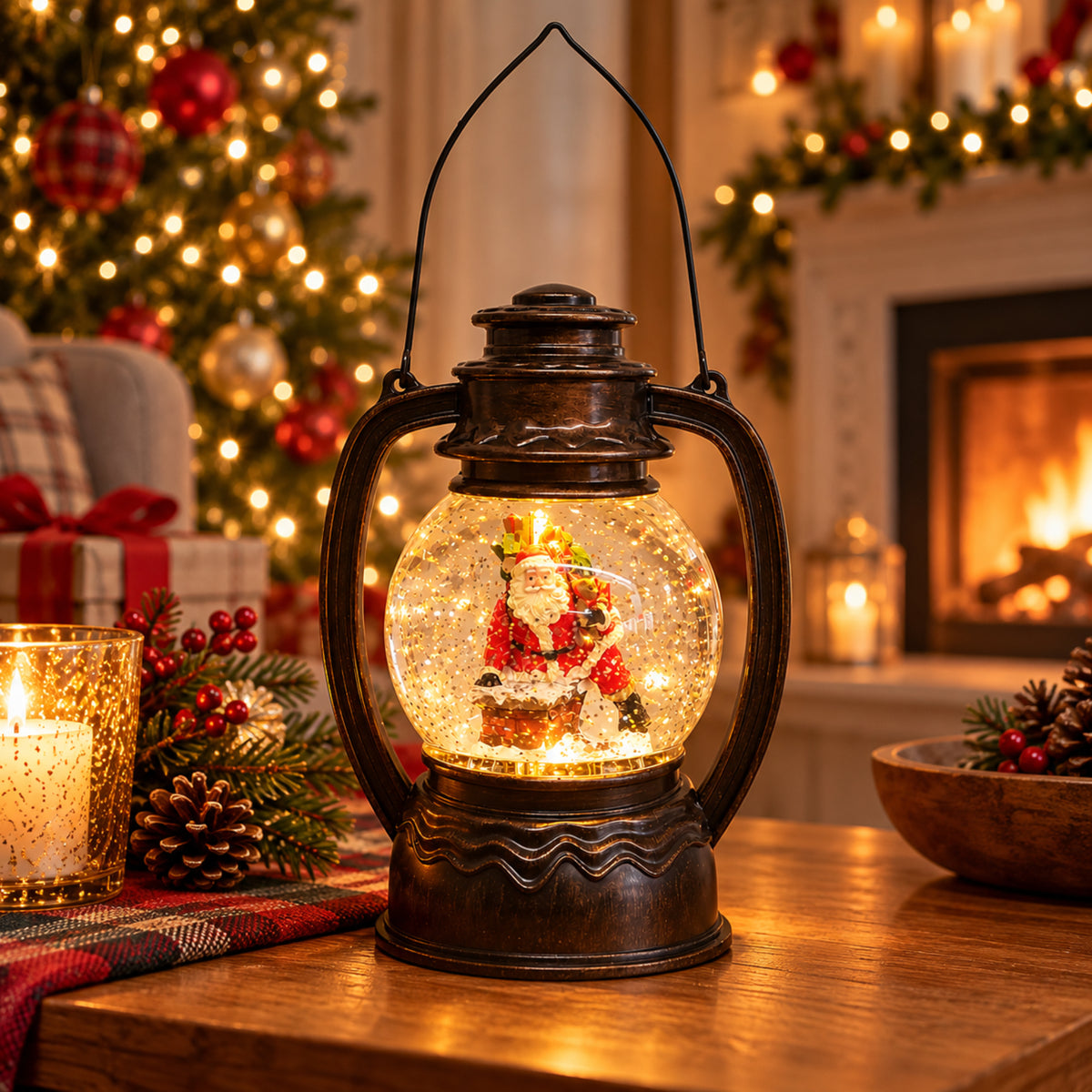 Christmas Lantern with LED Water Globe -Santa Claus