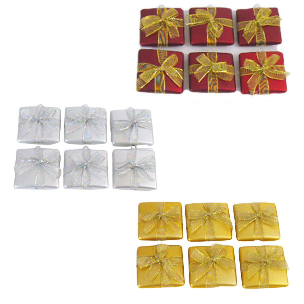 Xmas Presents Set of 6 Christmas Tree Decorations in Gold Red or Silver