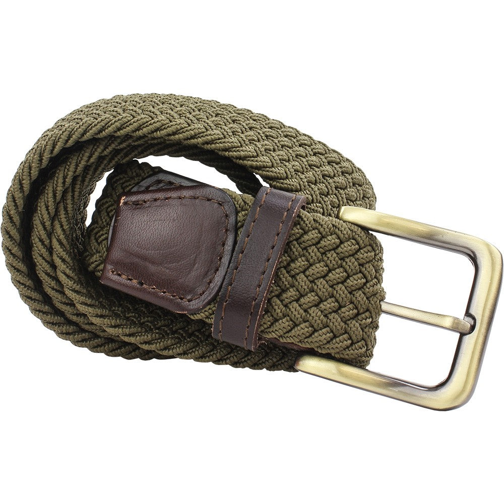 Plaited Webbing Belt with Leather Ends - Khaki (XXL)