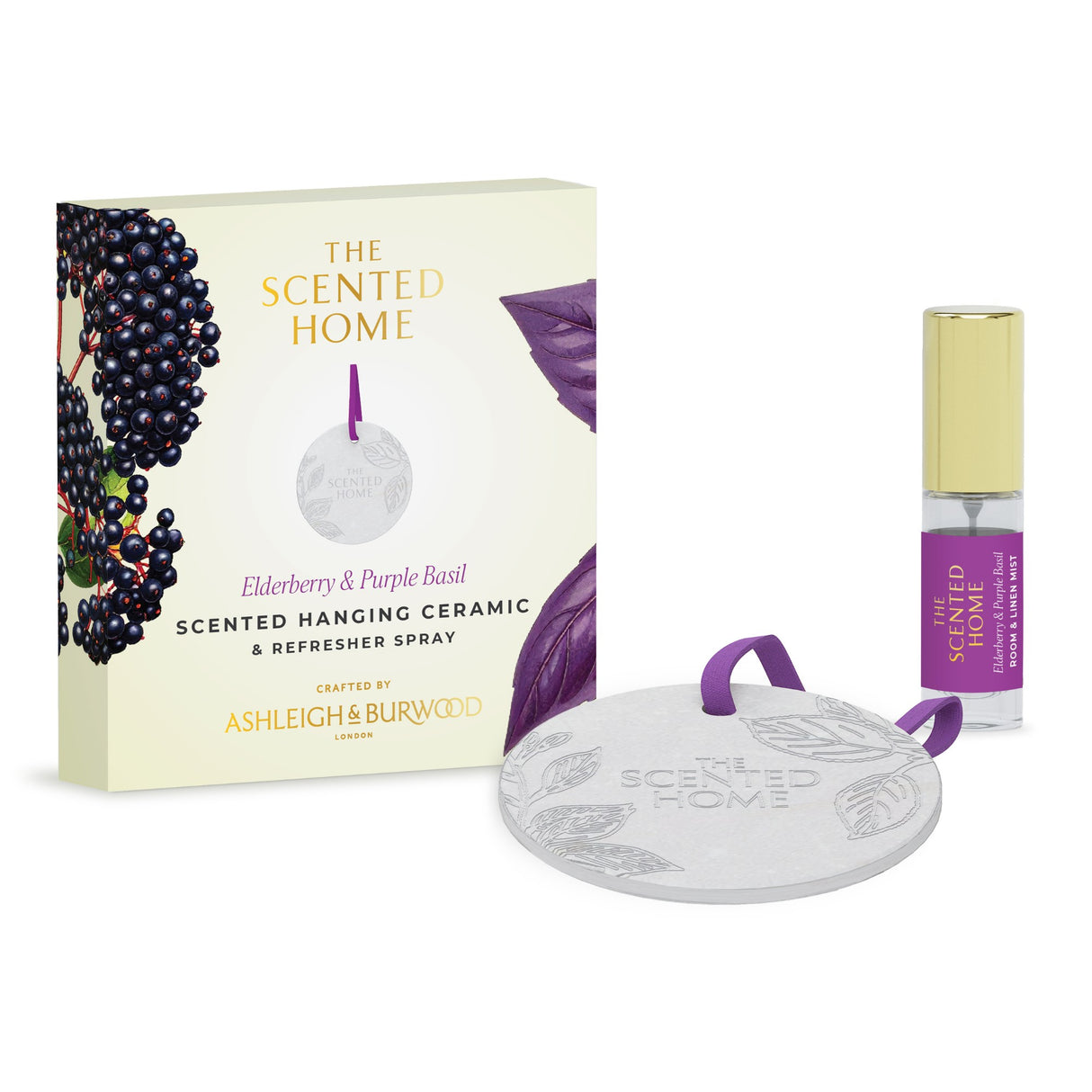 Ashleigh & Burwood New Scented Home Hanging Ceramic & Refresher Spray - Elderberry & Purple Basil