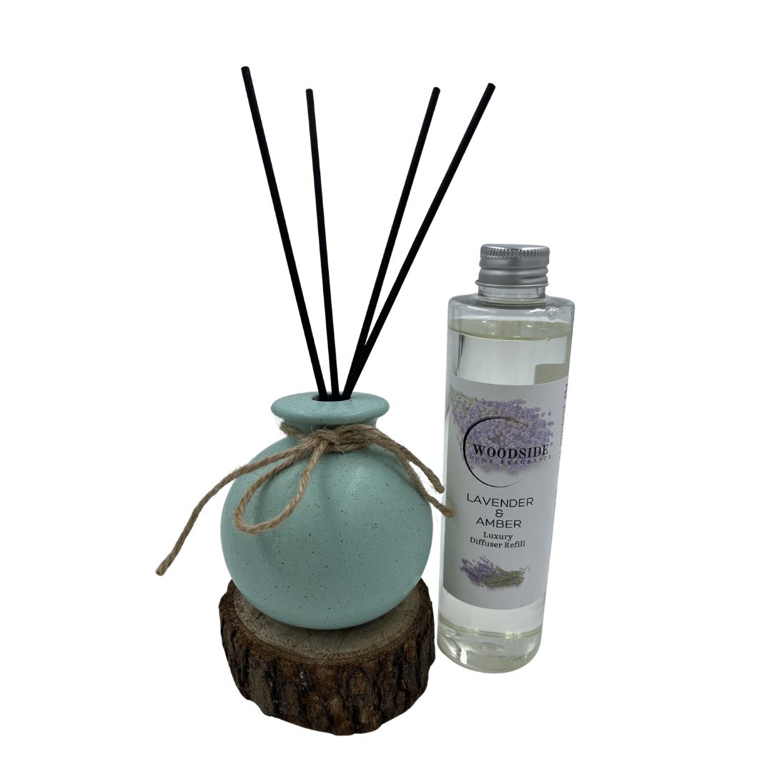 Woodside Round Green Pastel Ceramic Reed Diffuser Vase with Woodside Luxury Refill lavender and amber