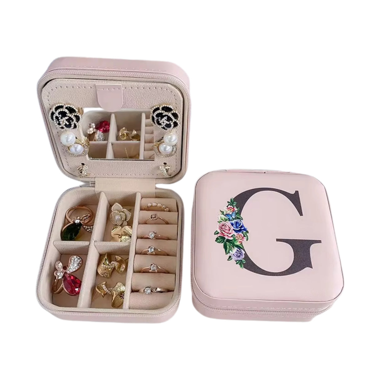 Krystina's Collection Pink Travel Jewellery Box with Floral Initial - Various Letters