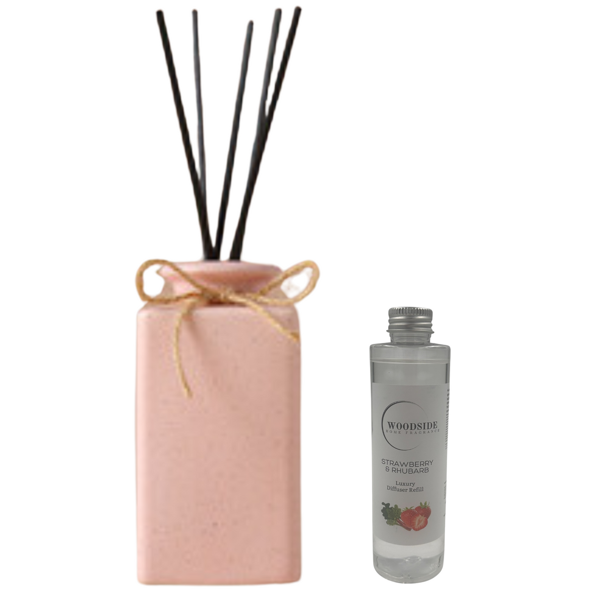 Woodside Pink Pastel Ceramic Reed Diffuser Vase with Woodside Luxury Refill strawberry and rhubarb