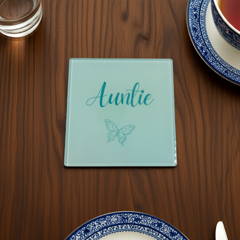 auntie butterfly square glass coaster