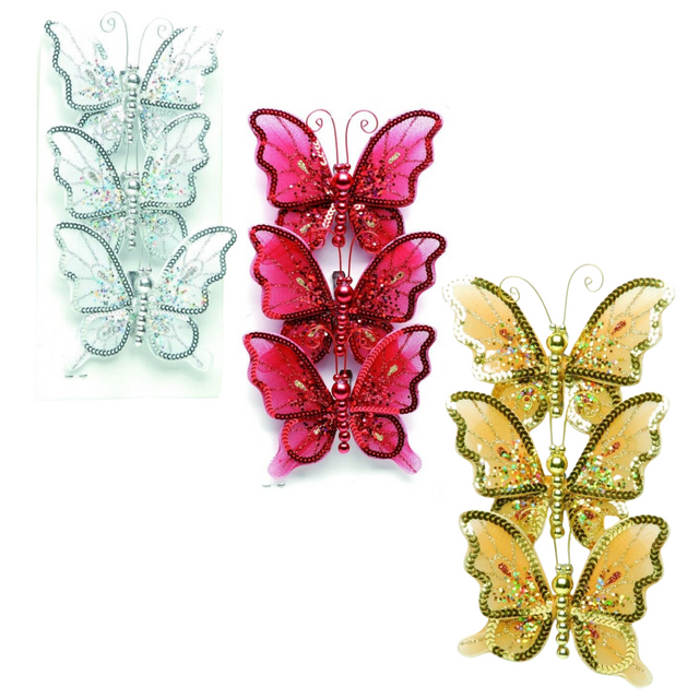 Wedding or Christmas Butterflies Clip on Decorations in Gold or Red