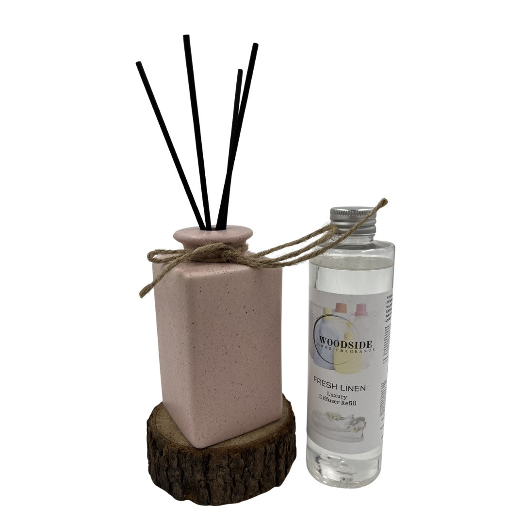 Woodside Pink Pastel Ceramic Reed Diffuser Vase with Woodside Luxury Refill fresh linen