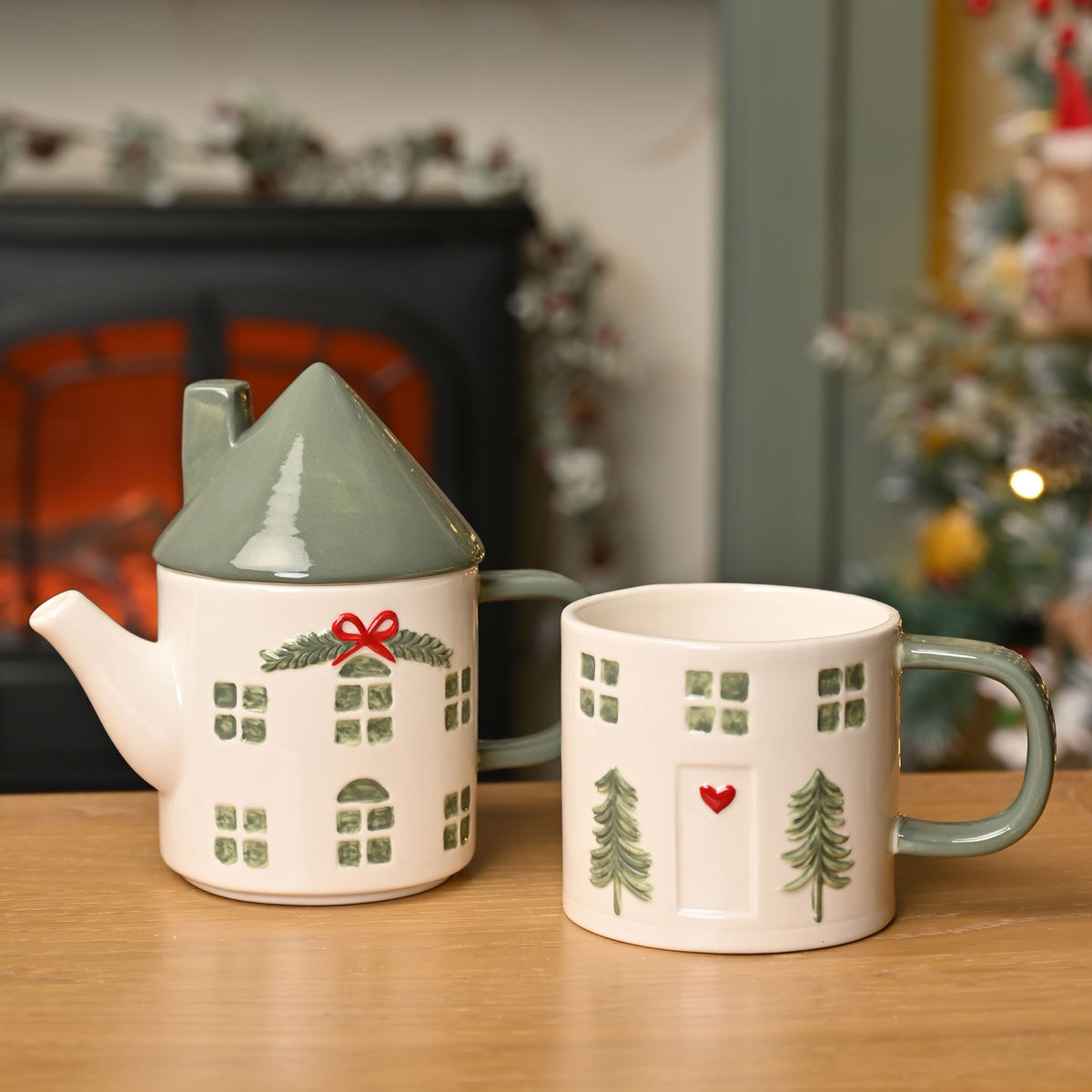 Christmas Tea for One House Shaped Teapot & Mug Set - lifestyle