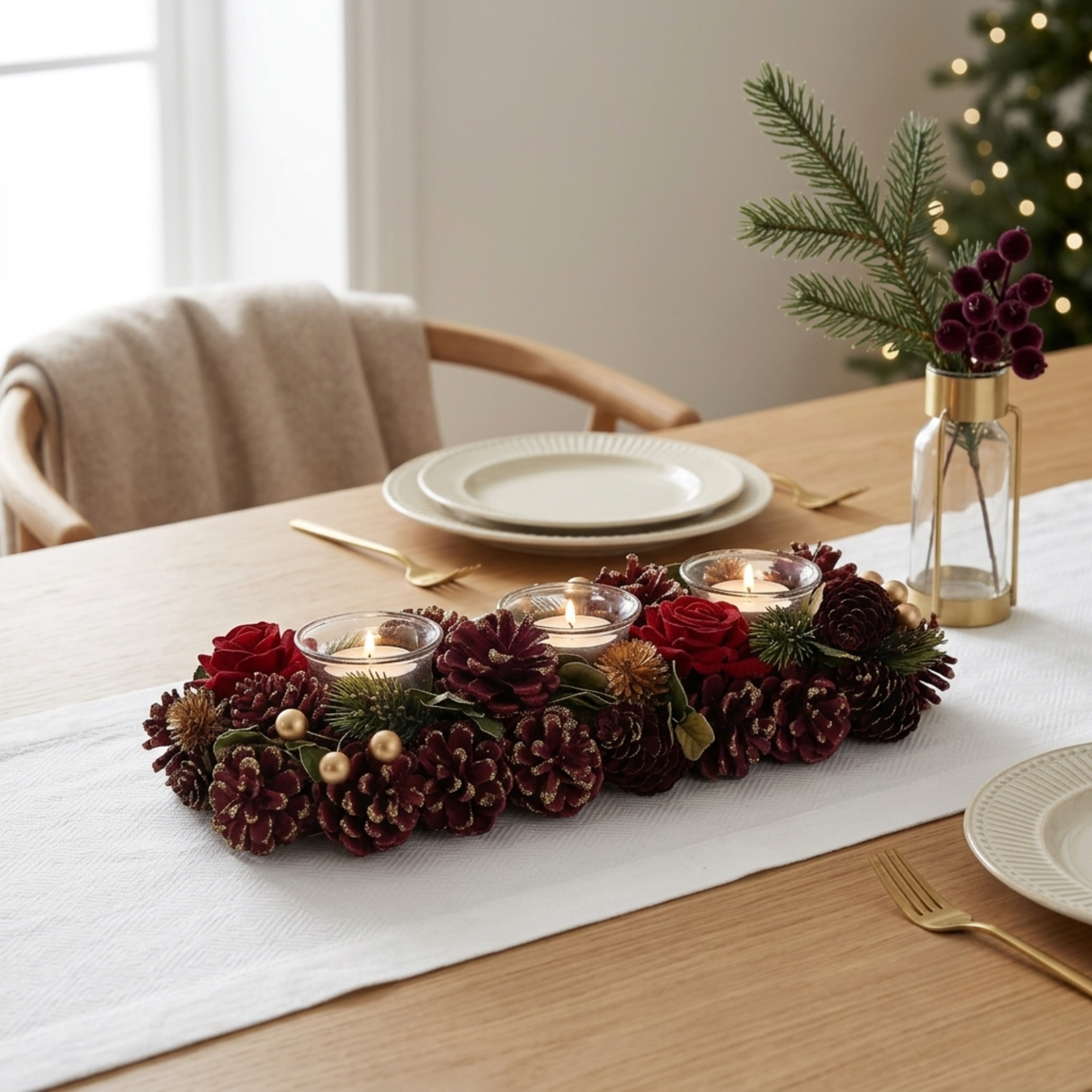 Christmas Tea Light Candle Holders - Three Holders with Pine Cones - Various Colours