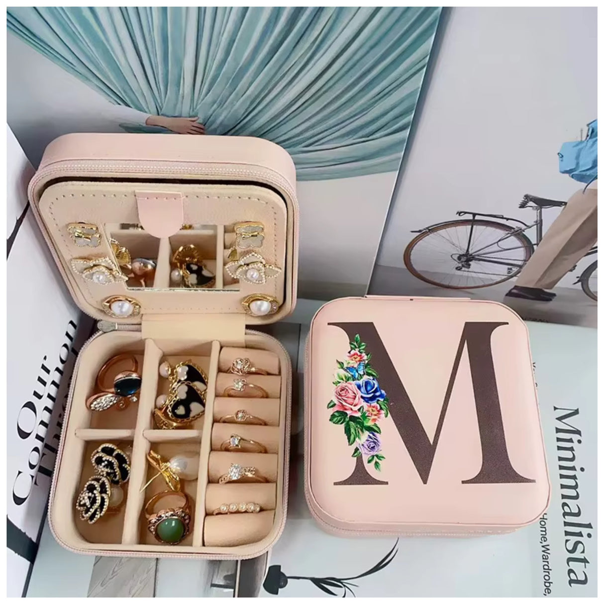 Krystina's Collection Pink Travel Jewellery Box with Floral Initial - Various Letters