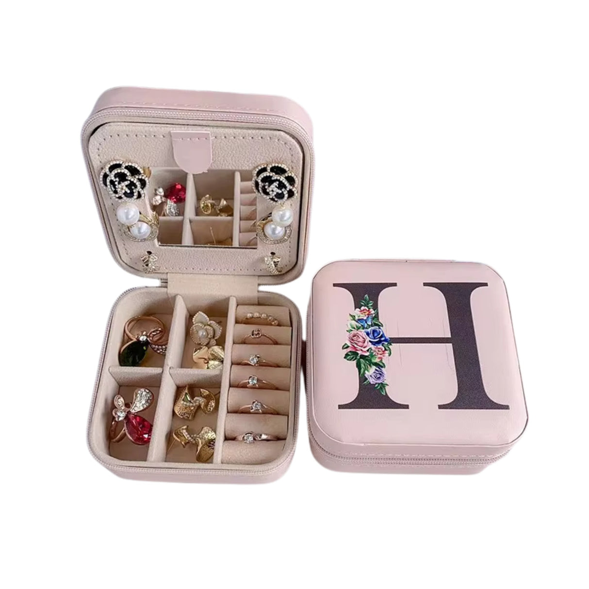 Krystina's Collection Pink Travel Jewellery Box with Floral Initial - Various Letters