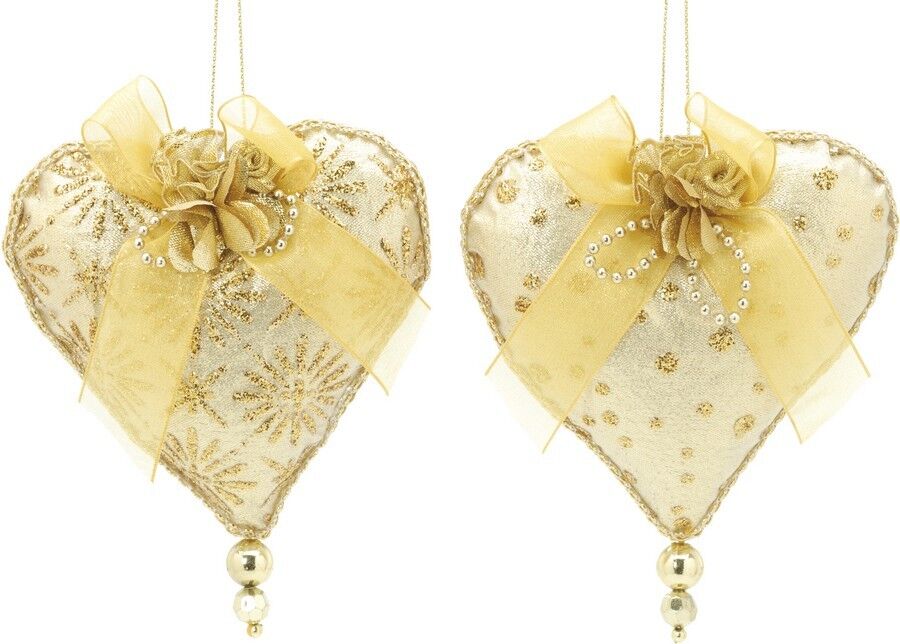Christmas Tree Hanging Decorations - Gold Fabric Beaded Decs Pack of 2 fabric heart