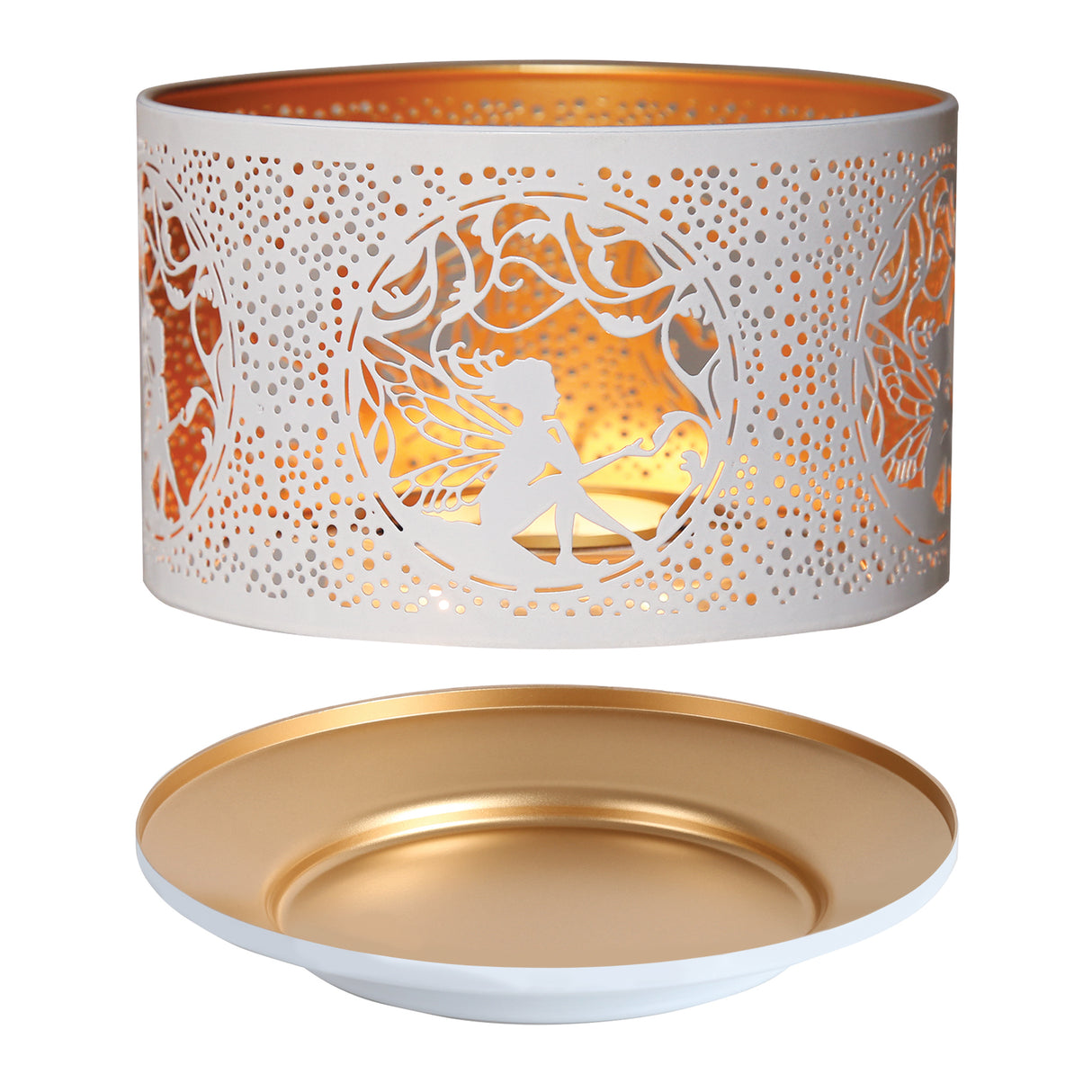 Aroma Jar Candle Metal Silhouette Shade & Tray Set - White & Gold Fairy Sitting