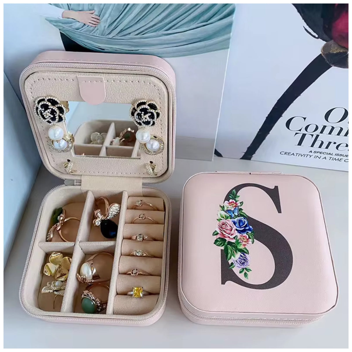 Krystina's Collection Pink Travel Jewellery Box with Floral Initial - Various Letters
