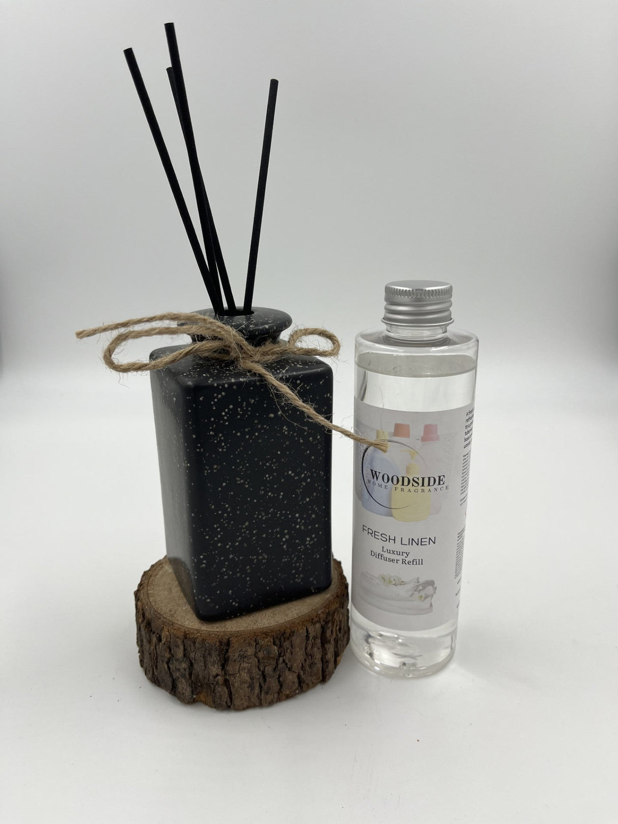 Woodside Pastel Black Ceramic Reed Diffuser Vase with Woodside Luxury Refill fresh linen