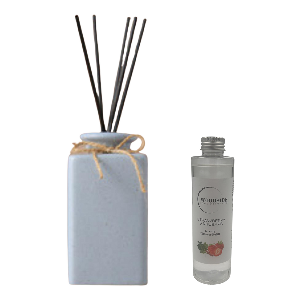Woodside Pastel Blue Ceramic Reed Diffuser Vase with Woodside Luxury Refill strawberry and rhubarb