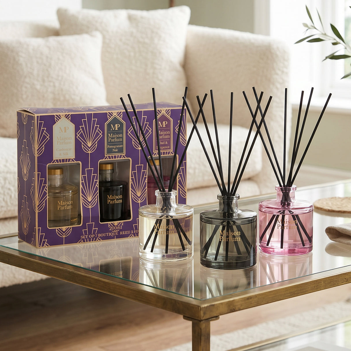 Maison Parfum Reed Diffuser Gift Set - Cashmere & Silk, Pomegranate Noir, Oud & Bergamot