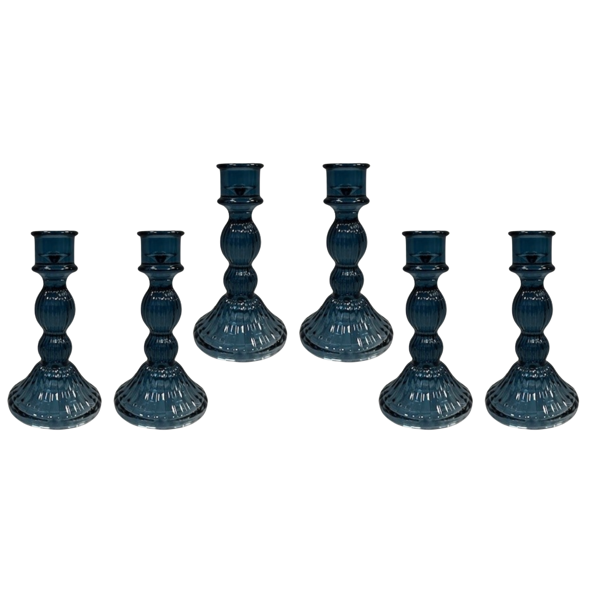 Blue Ribbed Glass Dinner Candle Holders - Various Sets