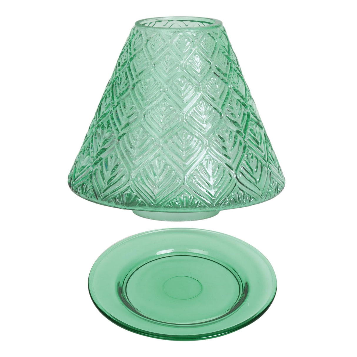 Aroma Jar Candle Leaf Patterned Glass Shade & Tray Set light green