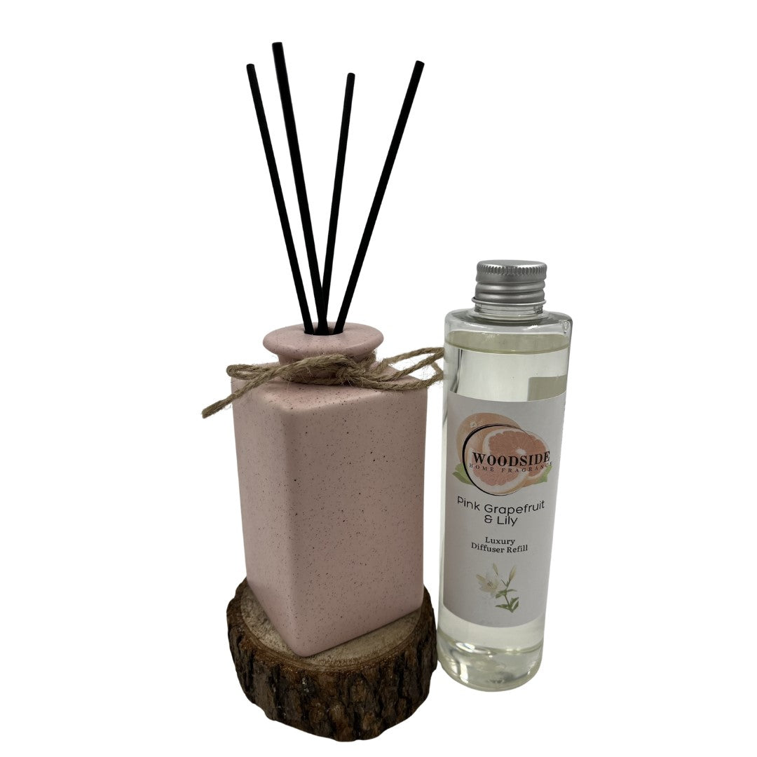Woodside Pink Pastel Ceramic Reed Diffuser Vase with Woodside Luxury Refill pink grapefruit and lily