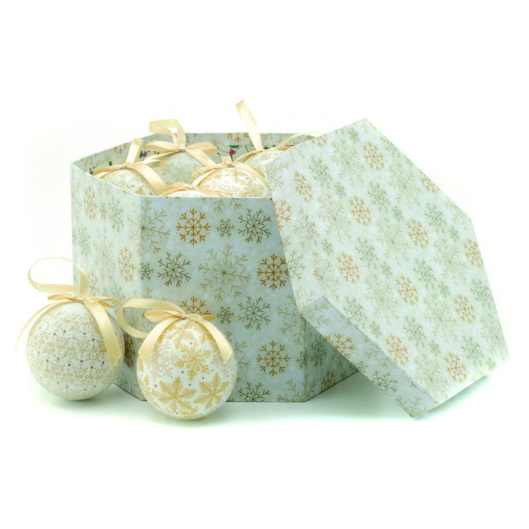 Christmas Tree Baubles - Decoupage Cream & Gold Snowflake Pack of 14 Assorted