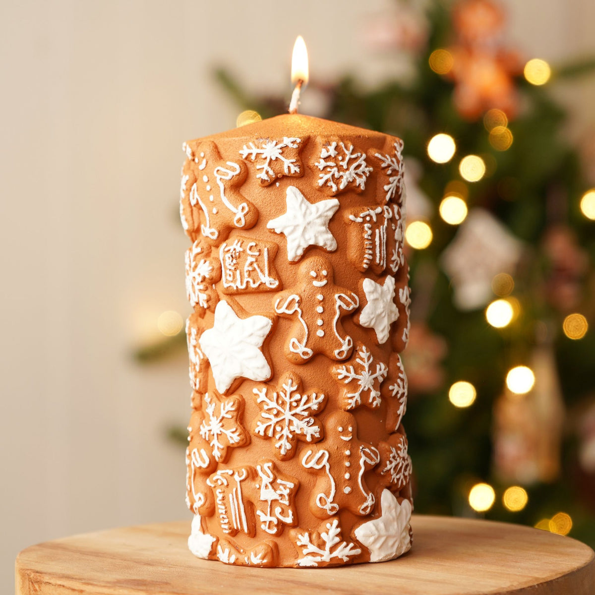 Gingerbread Snowflake & Star Embossed Christmas Pillar Candle - 15cm
