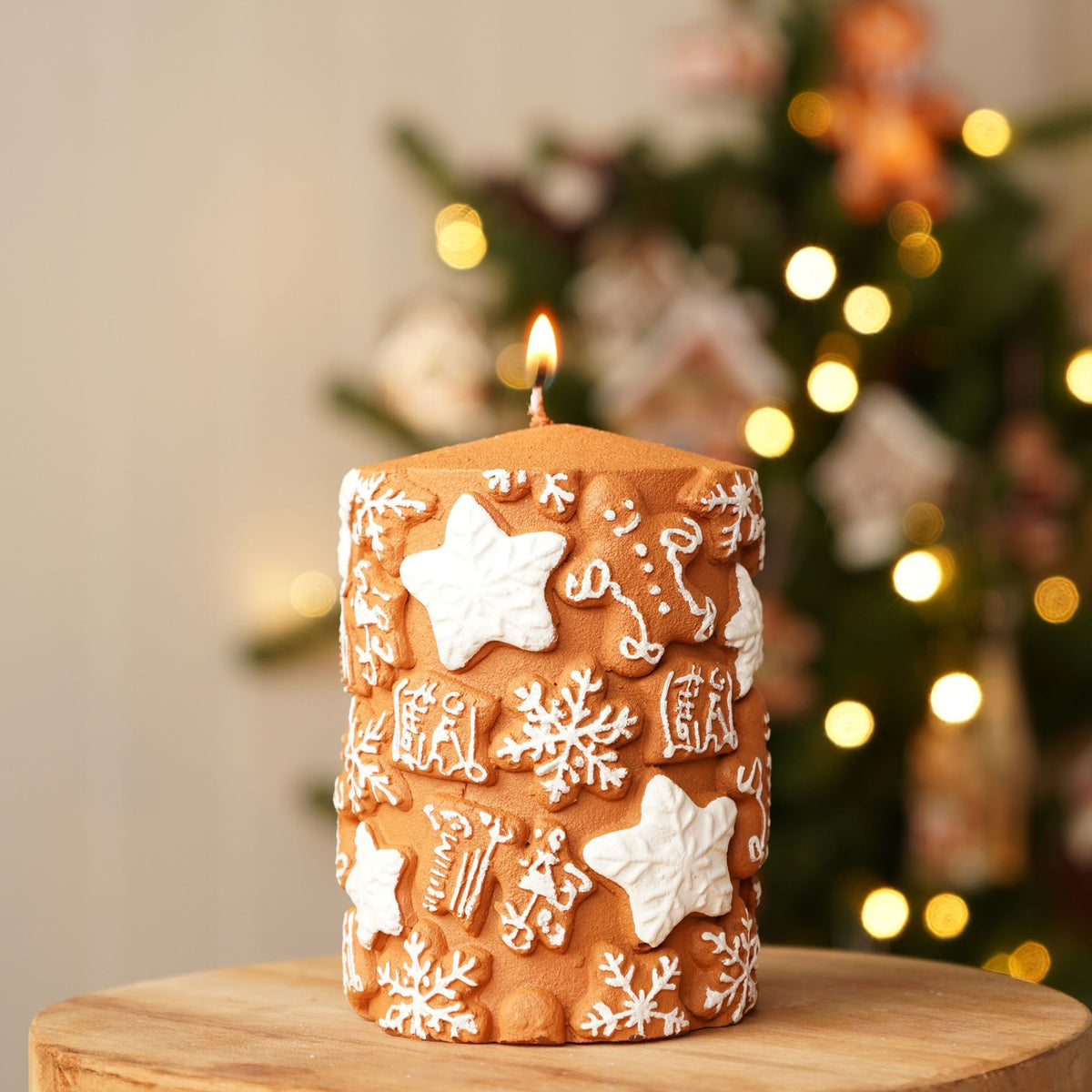 Gingerbread Snowflake & Star Embossed Christmas Pillar Candle - 11cm