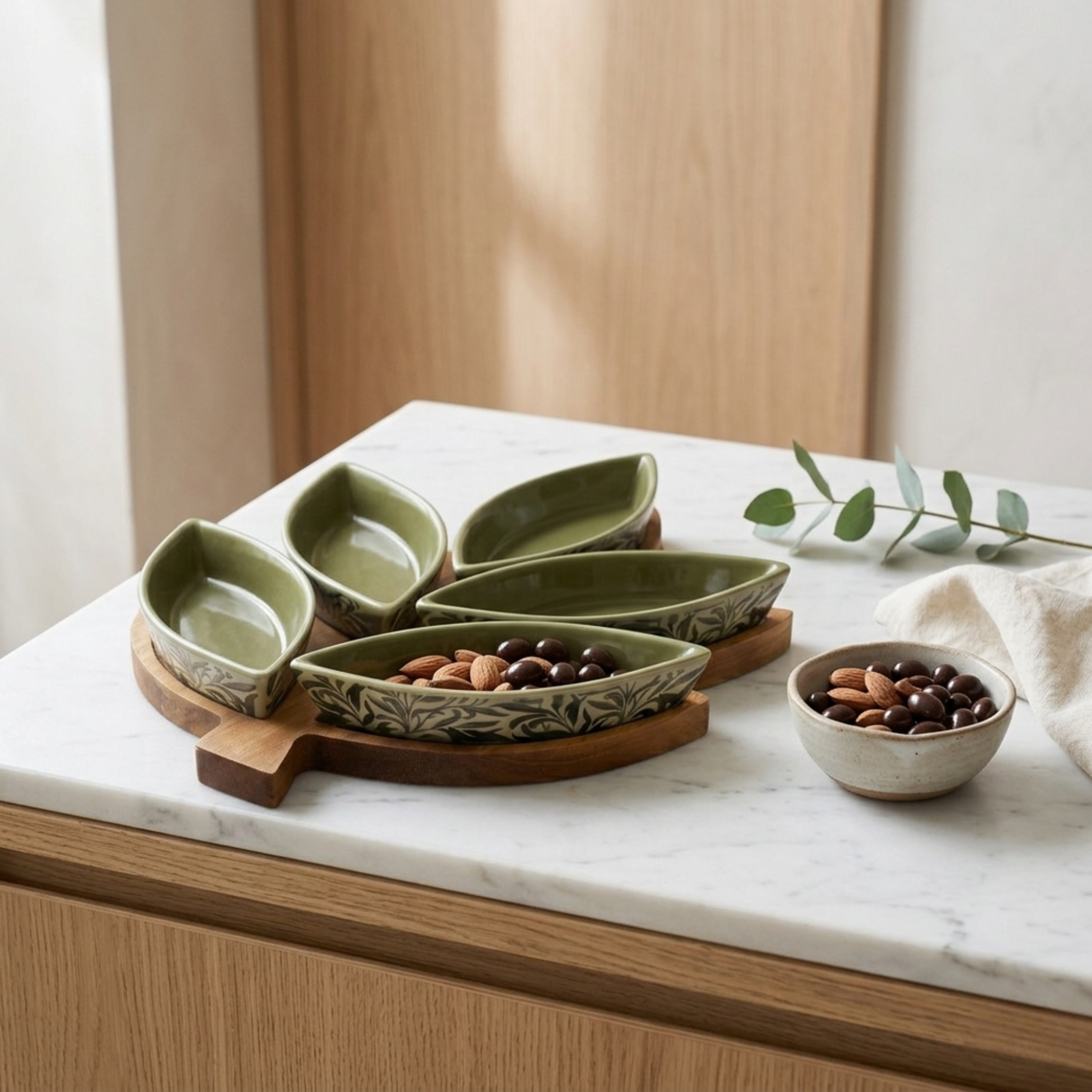 William Morris 5 Leaf Snack Dishes & Tray Set - Willow Bough - lifestyle