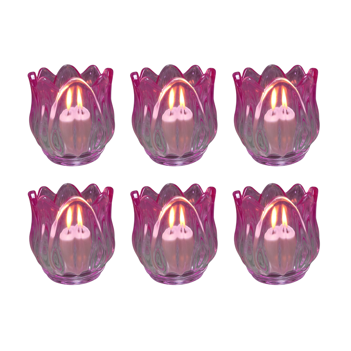 Glass Tulip Flower Candle Holders - Dark Pink Set of 6