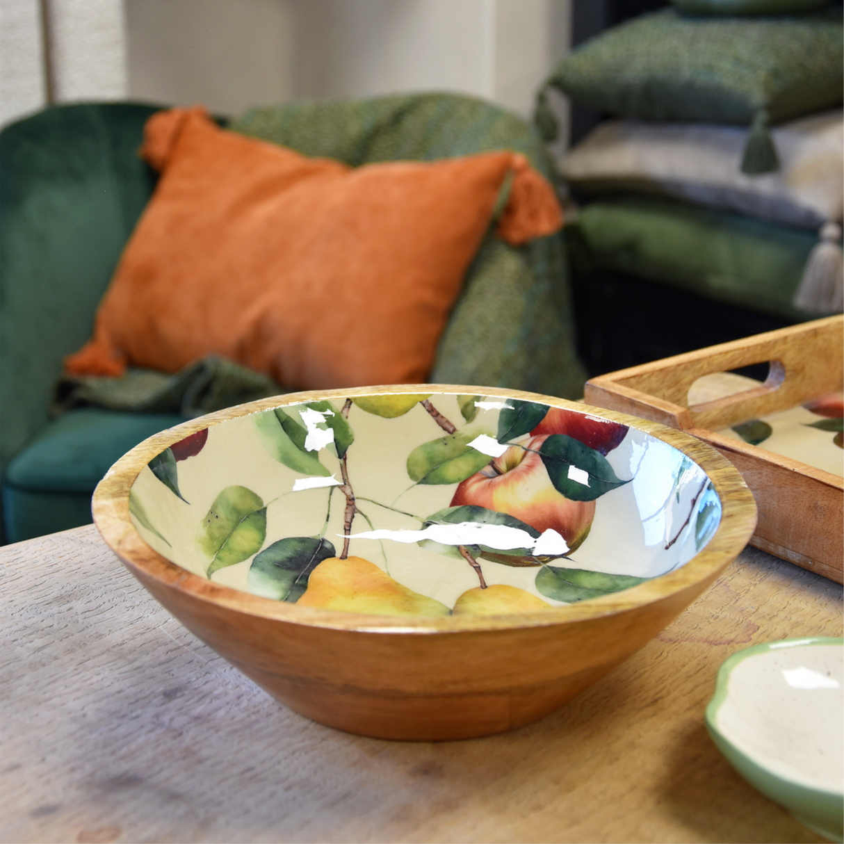 Large Mango Wood Bowl - Apples and Pears Design