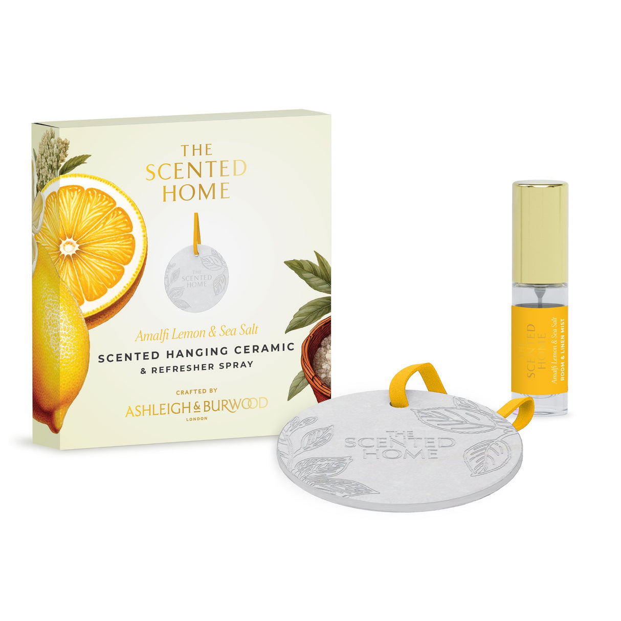 Ashleigh & Burwood New Scented Home Hanging Ceramic & Refresher Spray - Amalfi Lemon & Sea Salt