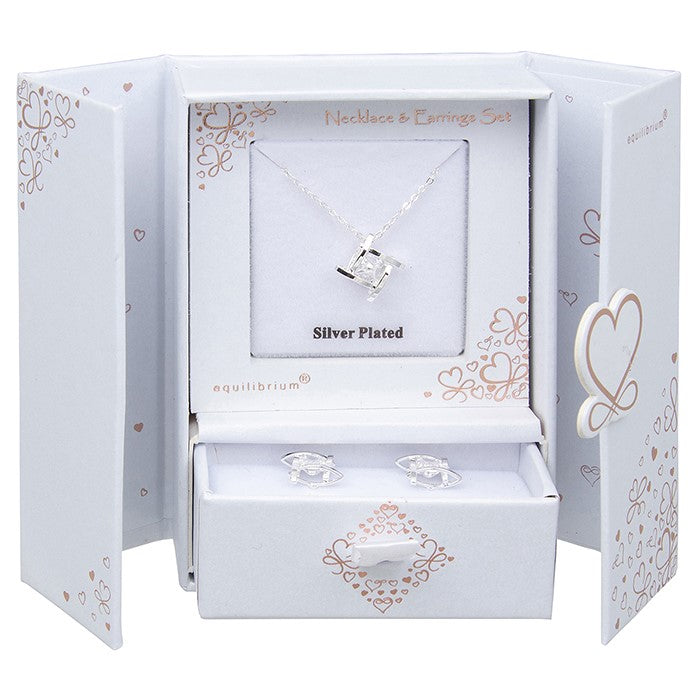 Equilibrium Silver Plated Necklace & Earrings Gift Set - Framed Crystal