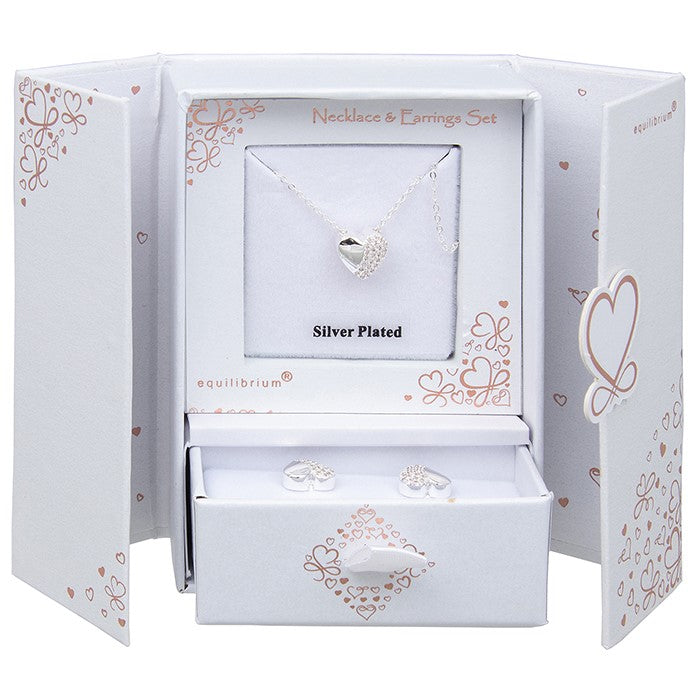 Equilibrium Silver Plated Necklace & Earrings Gift Set - Sparkle Heart