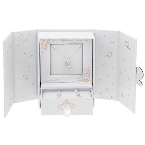 Equilibrium Silver Plated Two Tone Necklace & Earrings Gift Set - Three Hearts